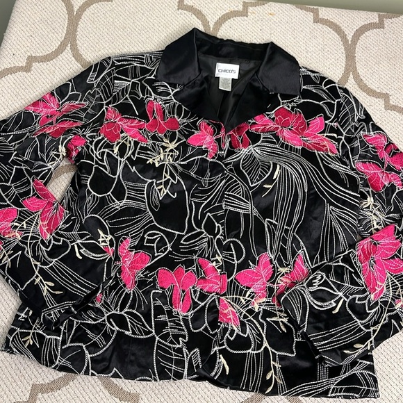 Chico’s Silk Blend Black Fuchsia Floral Embroidered Lined Jacket Sz 1 M/8 - Picture 11 of 13